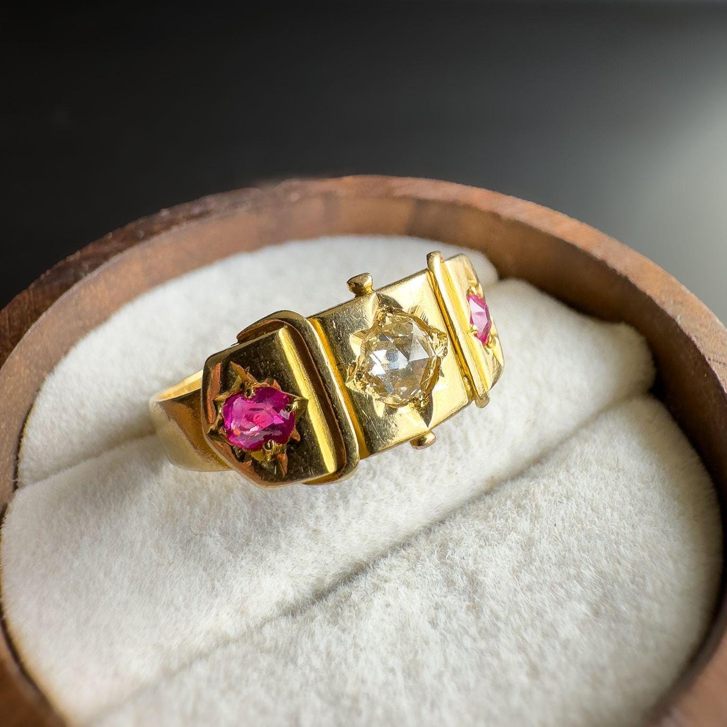 Stunning | Antique | Victorian | 1880s | 18ct | 18k Gold Gypsy Ring with Rose-Cut Diamond & Cushion-Cut Rubies | Chester Hallmarked |