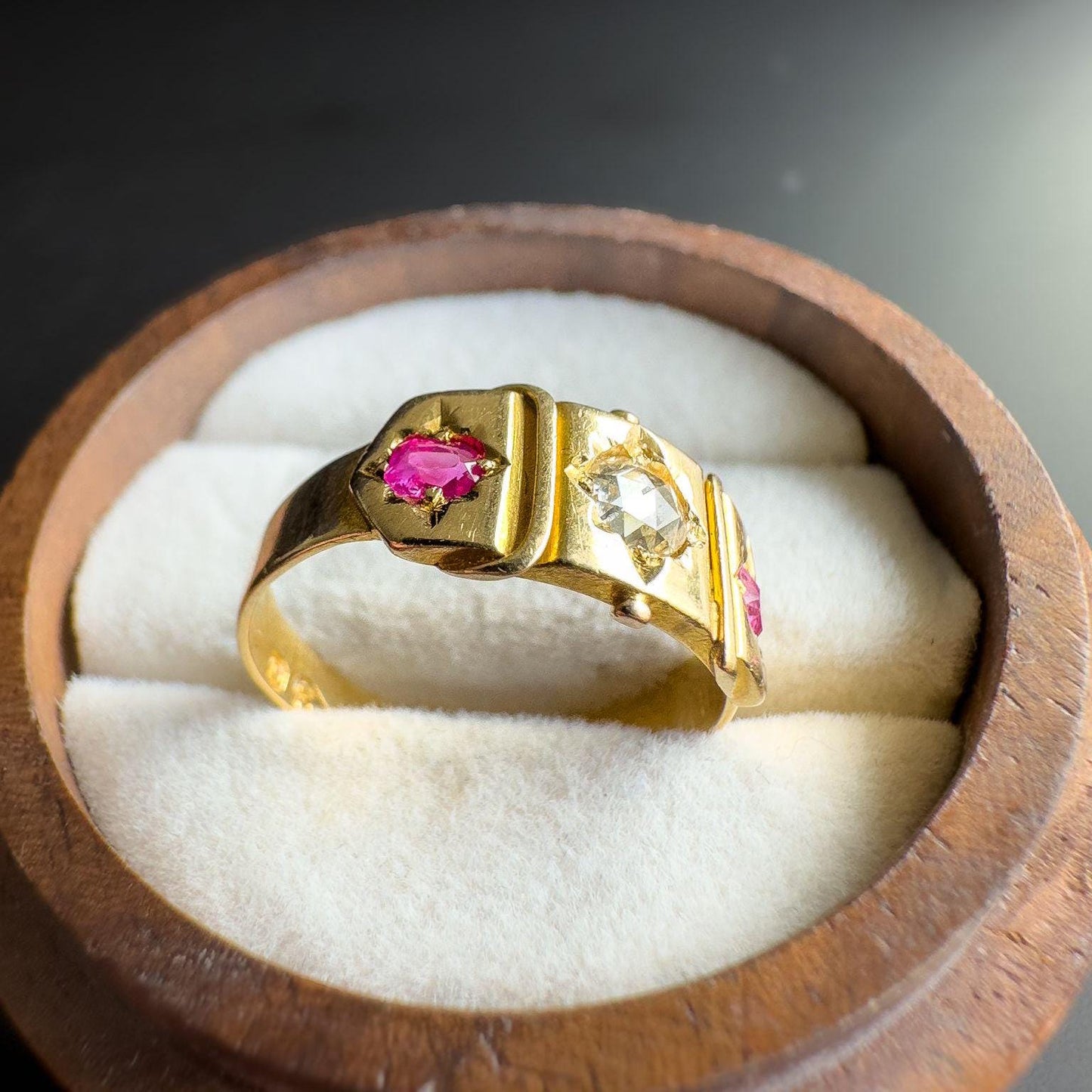 Stunning | Antique | Victorian | 1880s | 18ct | 18k Gold Gypsy Ring with Rose-Cut Diamond & Cushion-Cut Rubies | Chester Hallmarked |