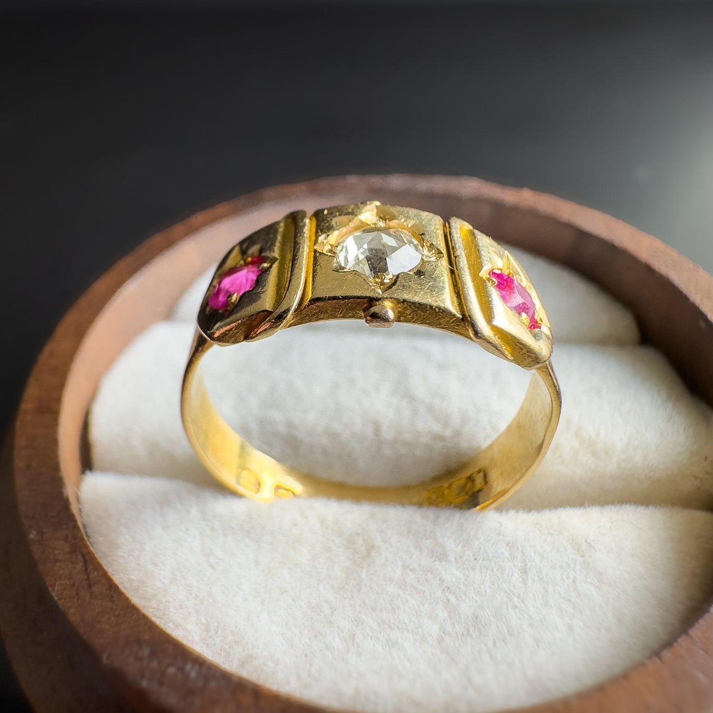 Stunning | Antique | Victorian | 1880s | 18ct | 18k Gold Gypsy Ring with Rose-Cut Diamond & Cushion-Cut Rubies | Chester Hallmarked |