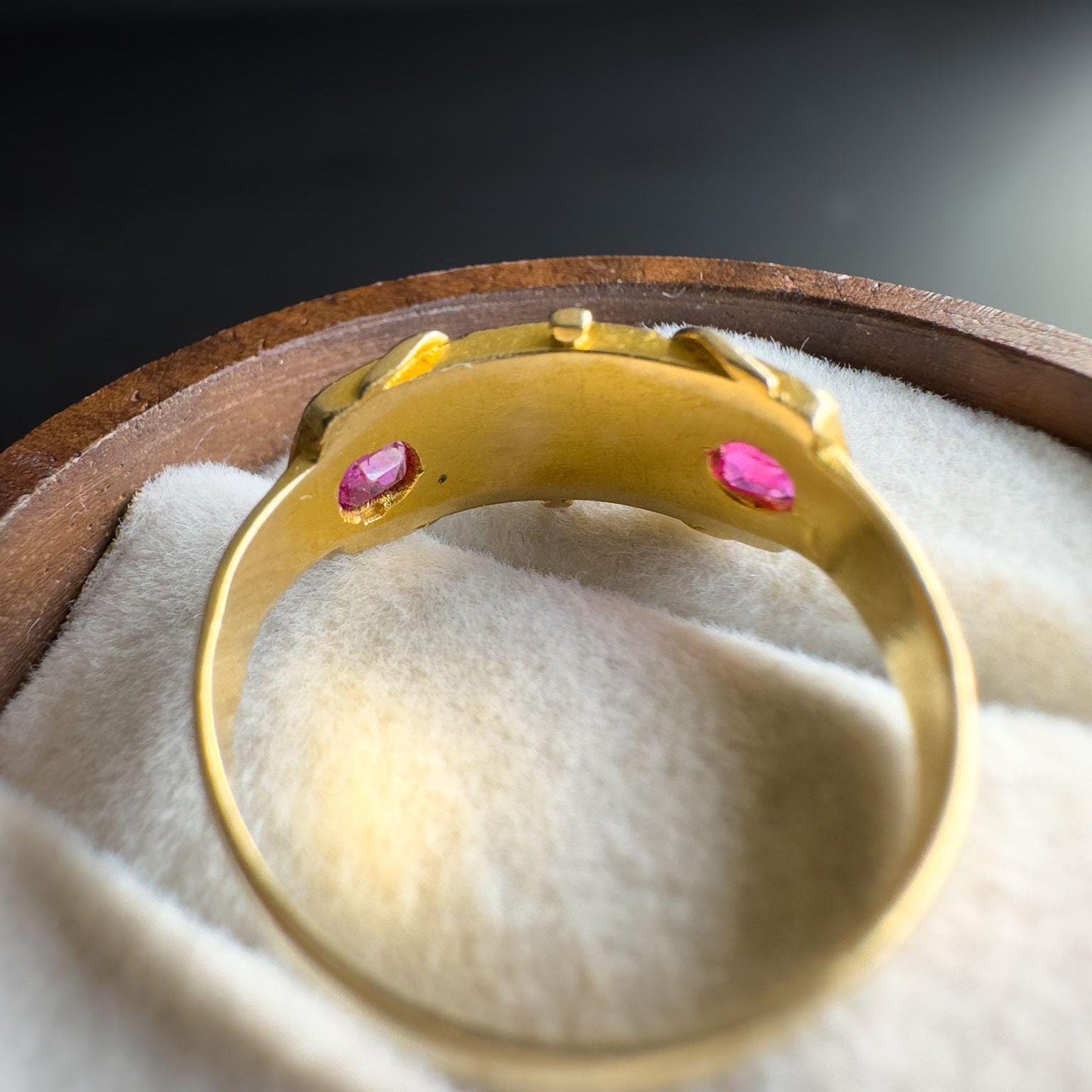 Stunning | Antique | Victorian | 1880s | 18ct | 18k Gold Gypsy Ring with Rose-Cut Diamond & Cushion-Cut Rubies | Chester Hallmarked |