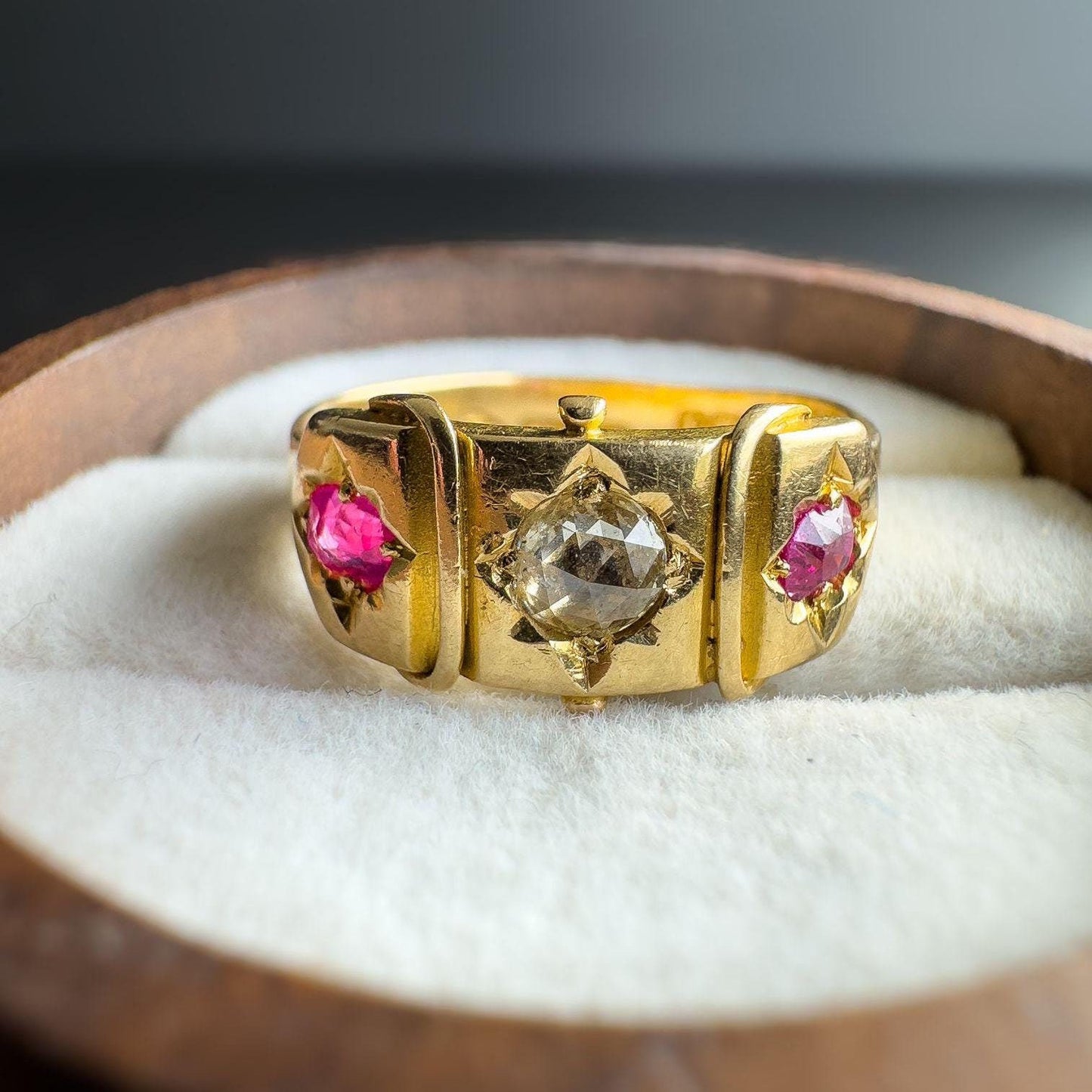 Stunning | Antique | Victorian | 1880s | 18ct | 18k Gold Gypsy Ring with Rose-Cut Diamond & Cushion-Cut Rubies | Chester Hallmarked |