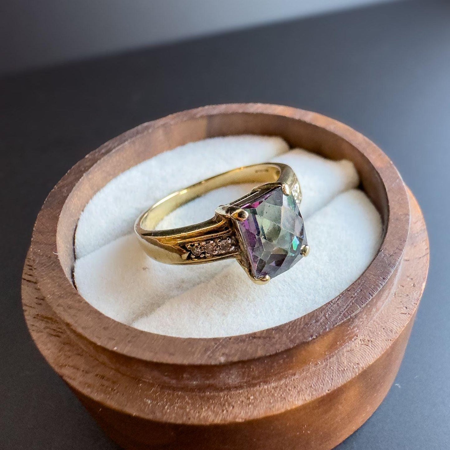 Dazzling | Vintage | 9ct | 9k Gold | Mystic Topaz and Diamond Ring Iridescent Gemstone with Diamond Accents | English Hallmarks |