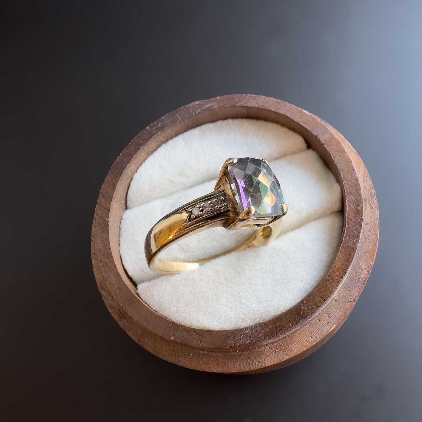 Dazzling | Vintage | 9ct | 9k Gold | Mystic Topaz and Diamond Ring Iridescent Gemstone with Diamond Accents | English Hallmarks |