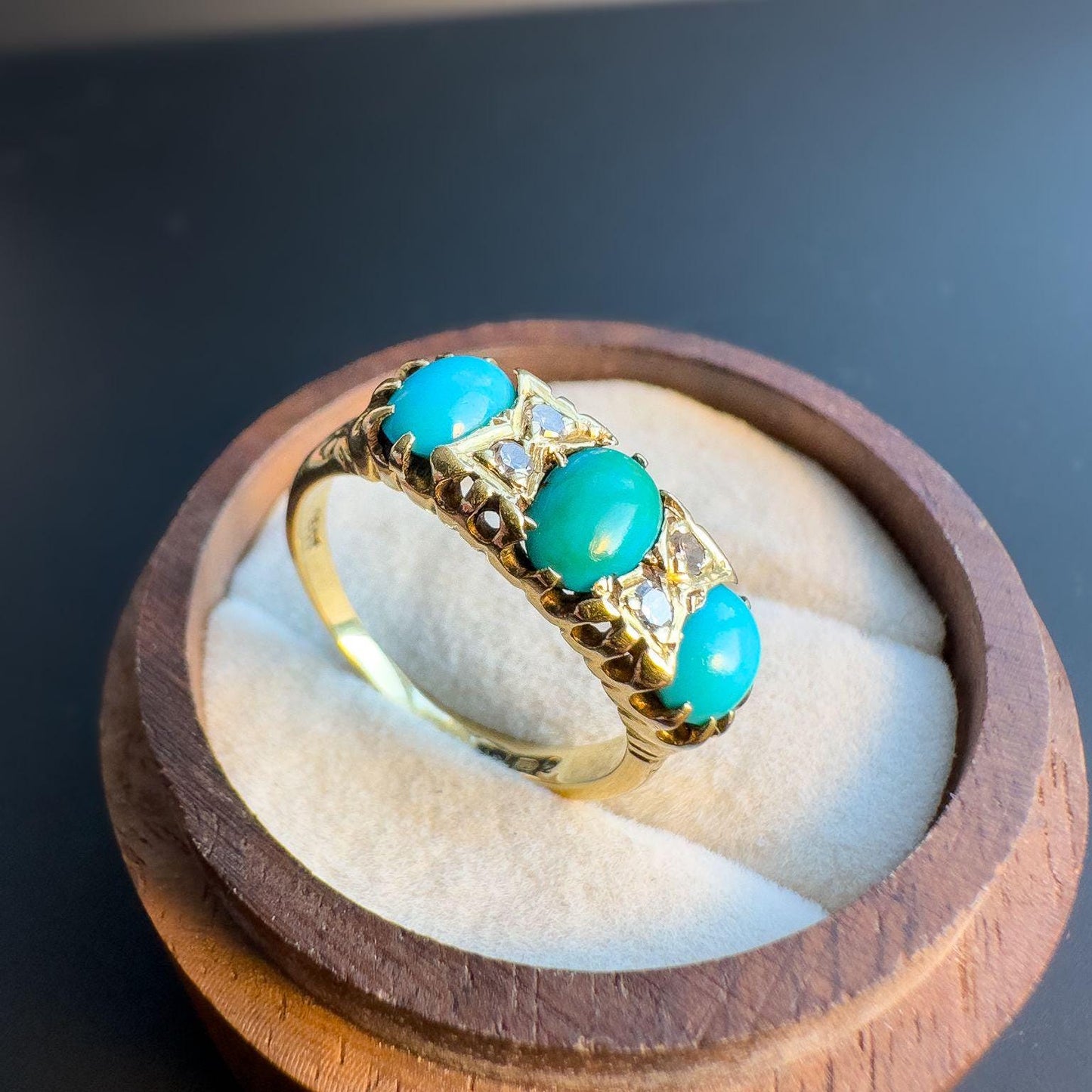 Stunning | Victorian | 18ct | 18k Gold | Old Mine Cut Diamond & Turquoise Trilogy Ring | Multi Stone Ring | UK O - US 7.25 | Resizable |