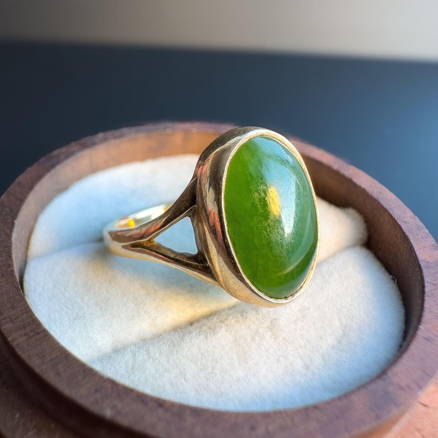 Vintage 9ct Gold Nephrite Jade Ring | Unique Green Stone Jewelry | Classic Minimalist Gold Band | Statement Ring | English Hallmarks |