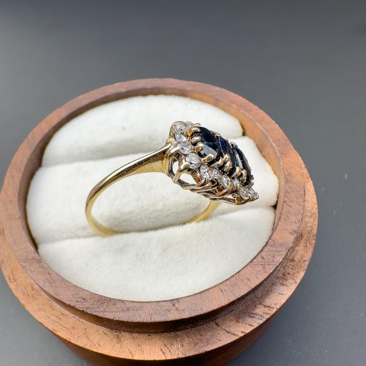 Vintage 1980s | 9ct | 9k Gold Sapphire & Cubic Zirconia Cluster Ring | Elegant Triple Stone Statement Ring | English Hallmarks |