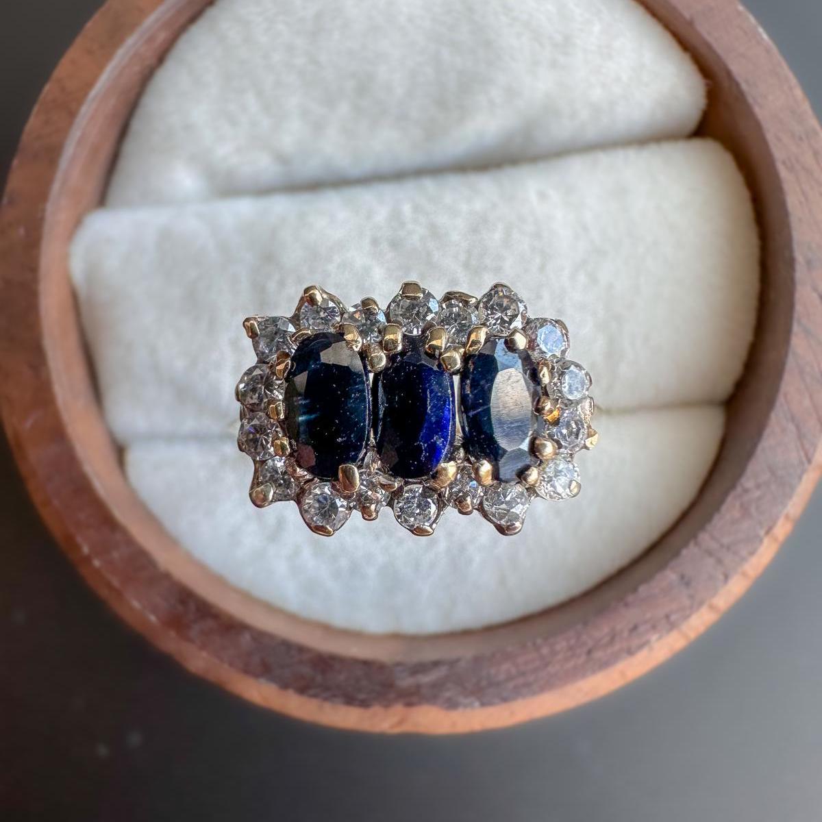 Vintage 1980s | 9ct | 9k Gold Sapphire & Cubic Zirconia Cluster Ring | Elegant Triple Stone Statement Ring | English Hallmarks |
