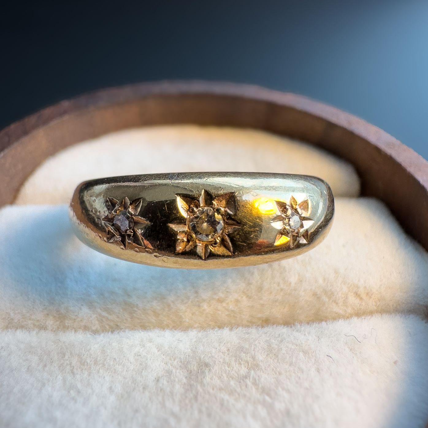 Beautiful 80s Vintage | 9ct | 9k Yellow Gold Star Set Diamond Gypsy Band Ring | Dome Ring | English Hallmarks |