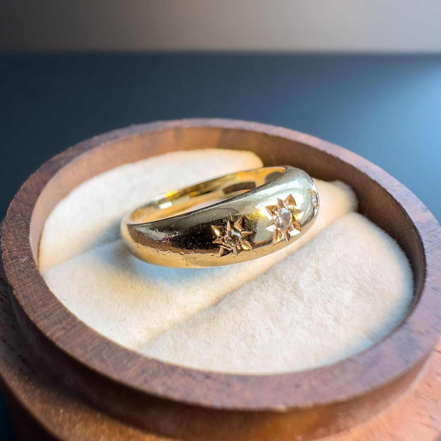 Beautiful 80s Vintage | 9ct | 9k Yellow Gold Star Set Diamond Gypsy Band Ring | Dome Ring | English Hallmarks |