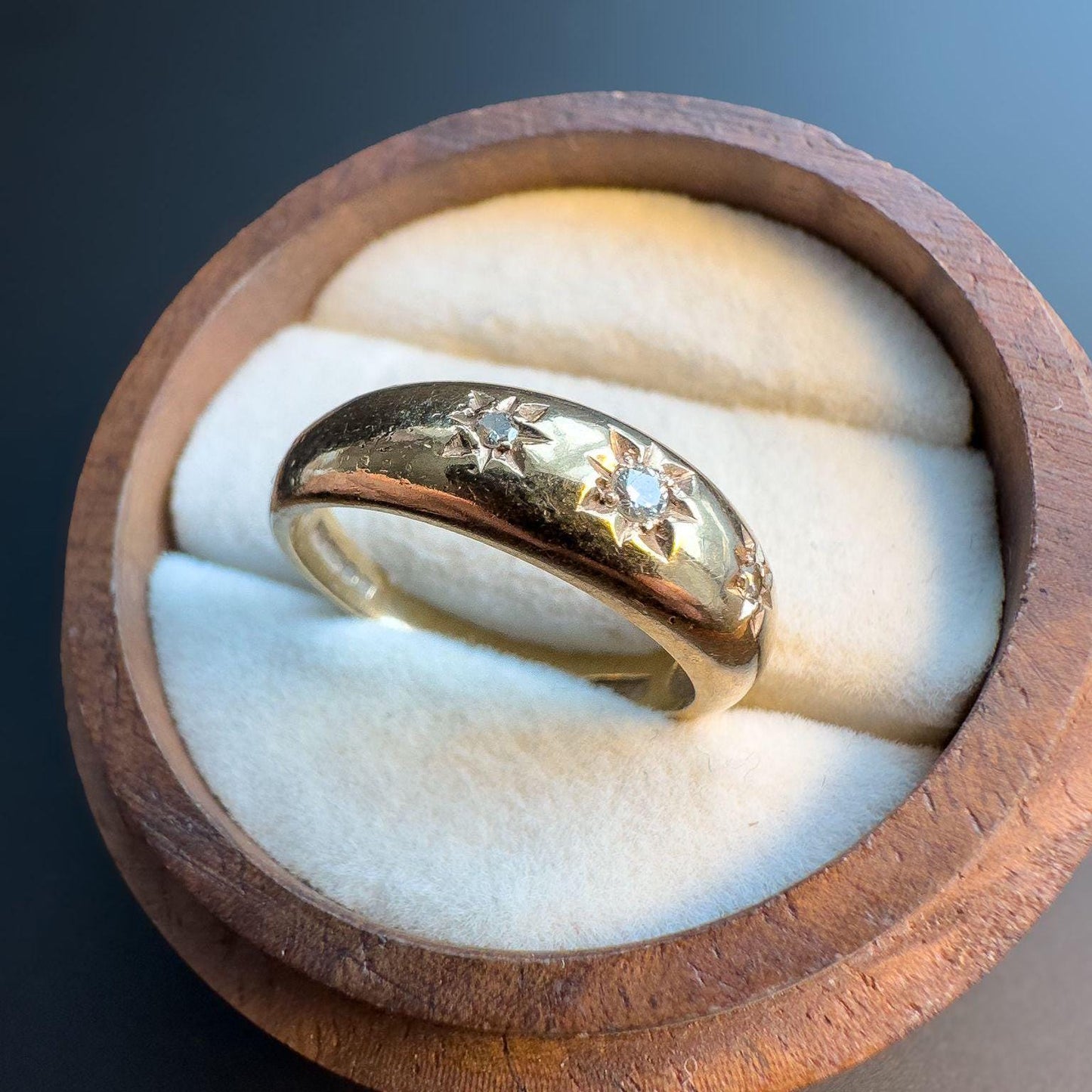 Beautiful 80s Vintage | 9ct | 9k Yellow Gold Star Set Diamond Gypsy Band Ring | Dome Ring | English Hallmarks |