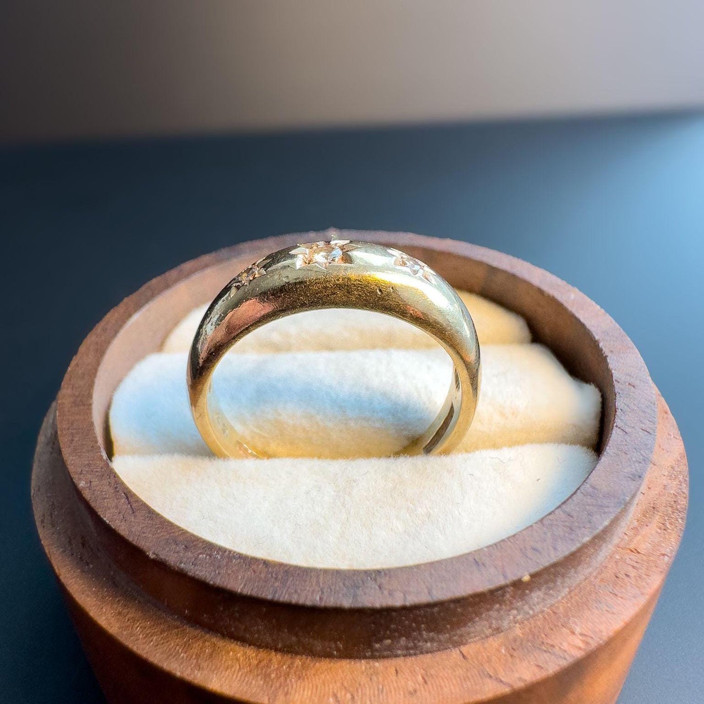 Beautiful 80s Vintage | 9ct | 9k Yellow Gold Star Set Diamond Gypsy Band Ring | Dome Ring | English Hallmarks |