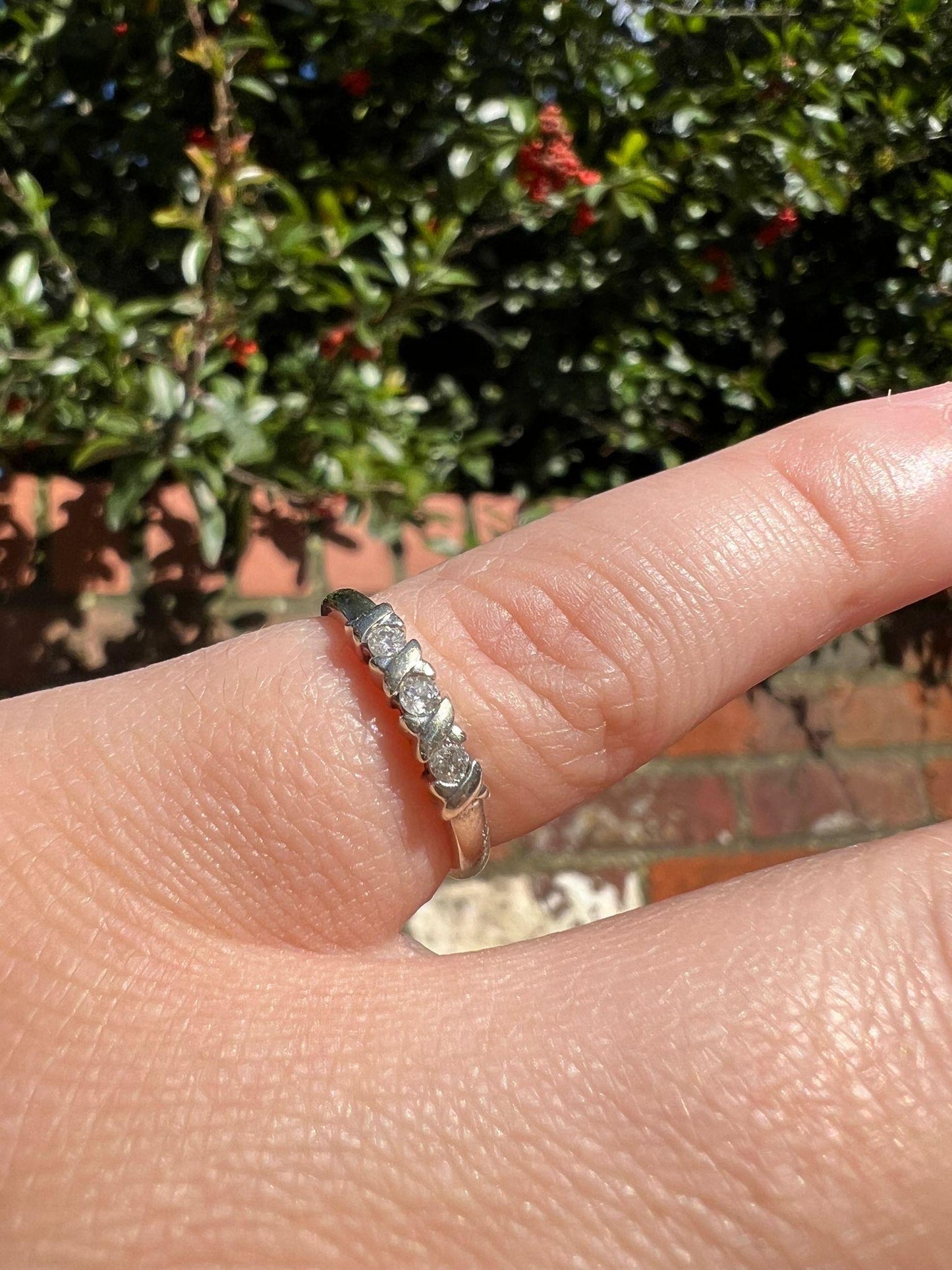 Vintage | 9ct | 9k White Gold Diamond Band Ring Elegant Three-Stone Design | English Hallmarks | UK K 1/2 - US 5.5 | Resizable |