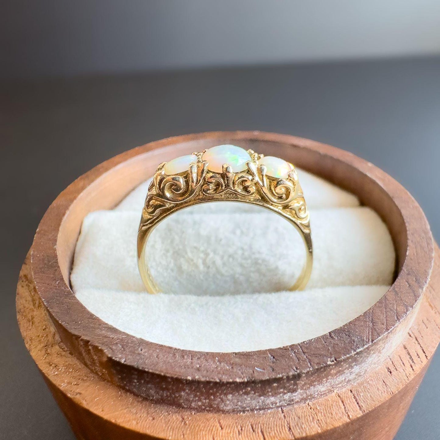 Gorgeous | 9ct Gold Opal Ring with Edwardian Scrollwork | Vintage Opal Statement Ring | English Hallmarks | UK K 1/2 - US 5.5 | Resizable |