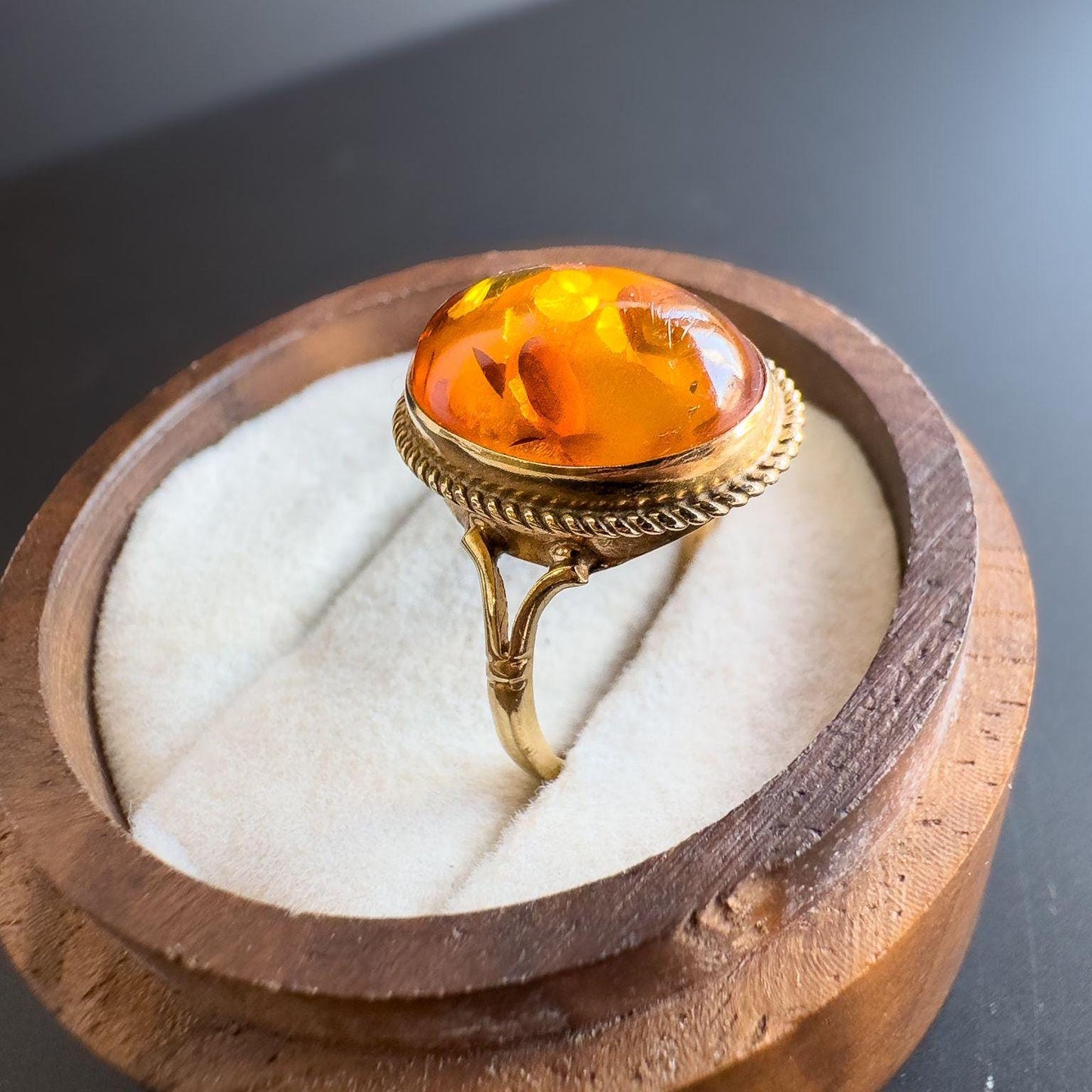 Vintage | 1970s | 9ct Gold Amber Ring | Cognac Amber Statement Ring | English Hallmarks | UK L - US 5.75 | Resizable |