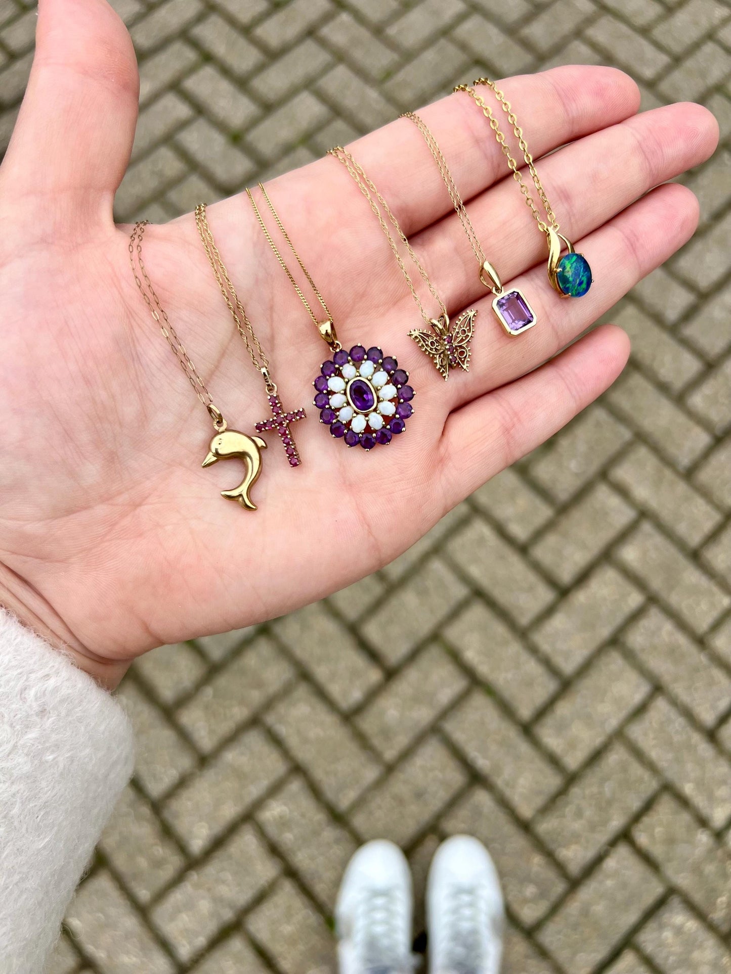 9ct Gold | Stunning | Vintage | Opal & Amethyst | Pendant Necklace Set | Floral Pendant Set | Jewelry Set | English Hallmarks |