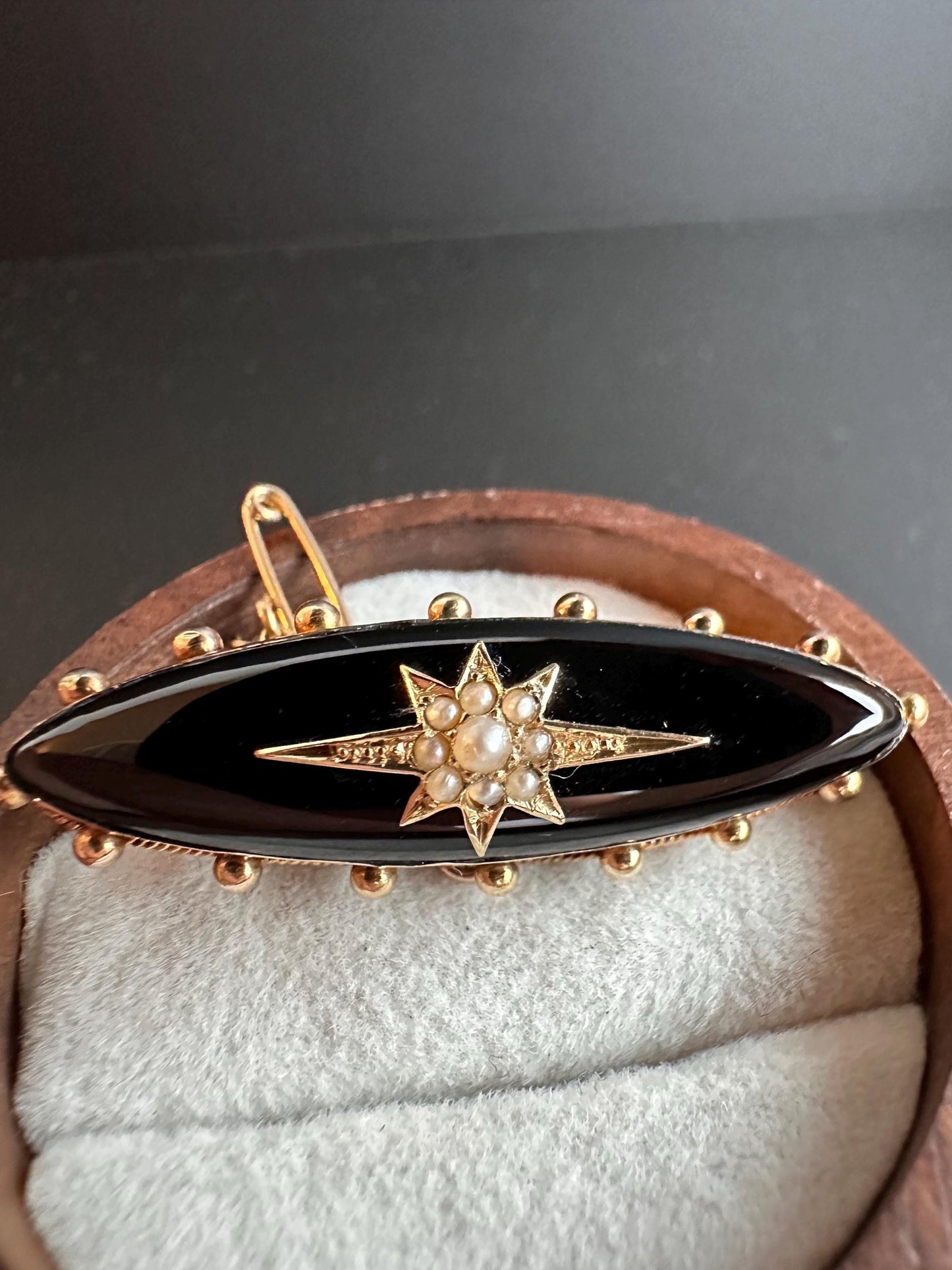 15ct Yellow Gold and Black Enamel Pearl-Set Oval late Victorian Brooch, c.1900, Victorian Jewellery