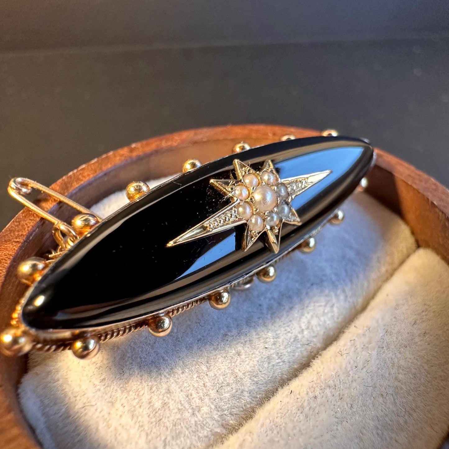 15ct Yellow Gold and Black Enamel Pearl-Set Oval late Victorian Brooch, c.1900, Victorian Jewellery