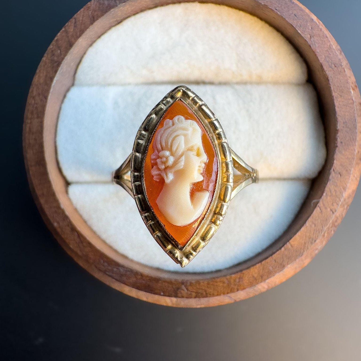 Elegant | 9ct | 9k Gold Vintage | Cameo Statement Ring | Classic Hand-Carved Cameo in Marquise Setting | English Hallmarks |