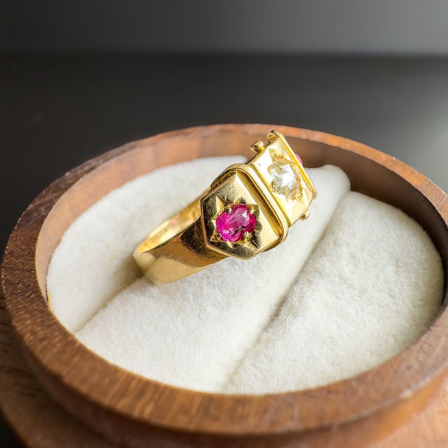 Stunning | Antique | Victorian | 1880s | 18ct | 18k Gold Gypsy Ring with Rose-Cut Diamond & Cushion-Cut Rubies | Chester Hallmarked |