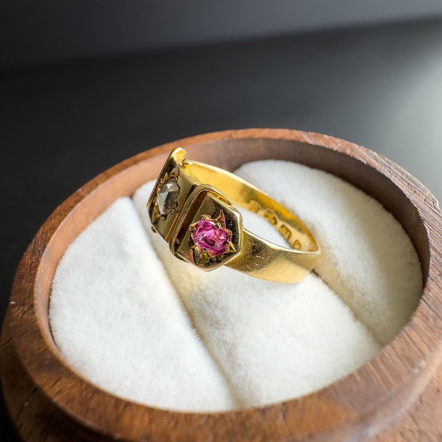 Stunning | Antique | Victorian | 1880s | 18ct | 18k Gold Gypsy Ring with Rose-Cut Diamond & Cushion-Cut Rubies | Chester Hallmarked |