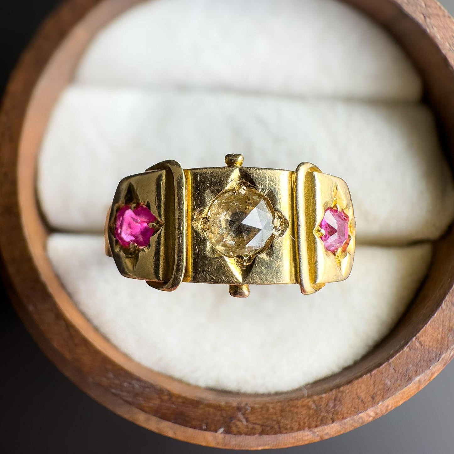 Stunning | Antique | Victorian | 1880s | 18ct | 18k Gold Gypsy Ring with Rose-Cut Diamond & Cushion-Cut Rubies | Chester Hallmarked |