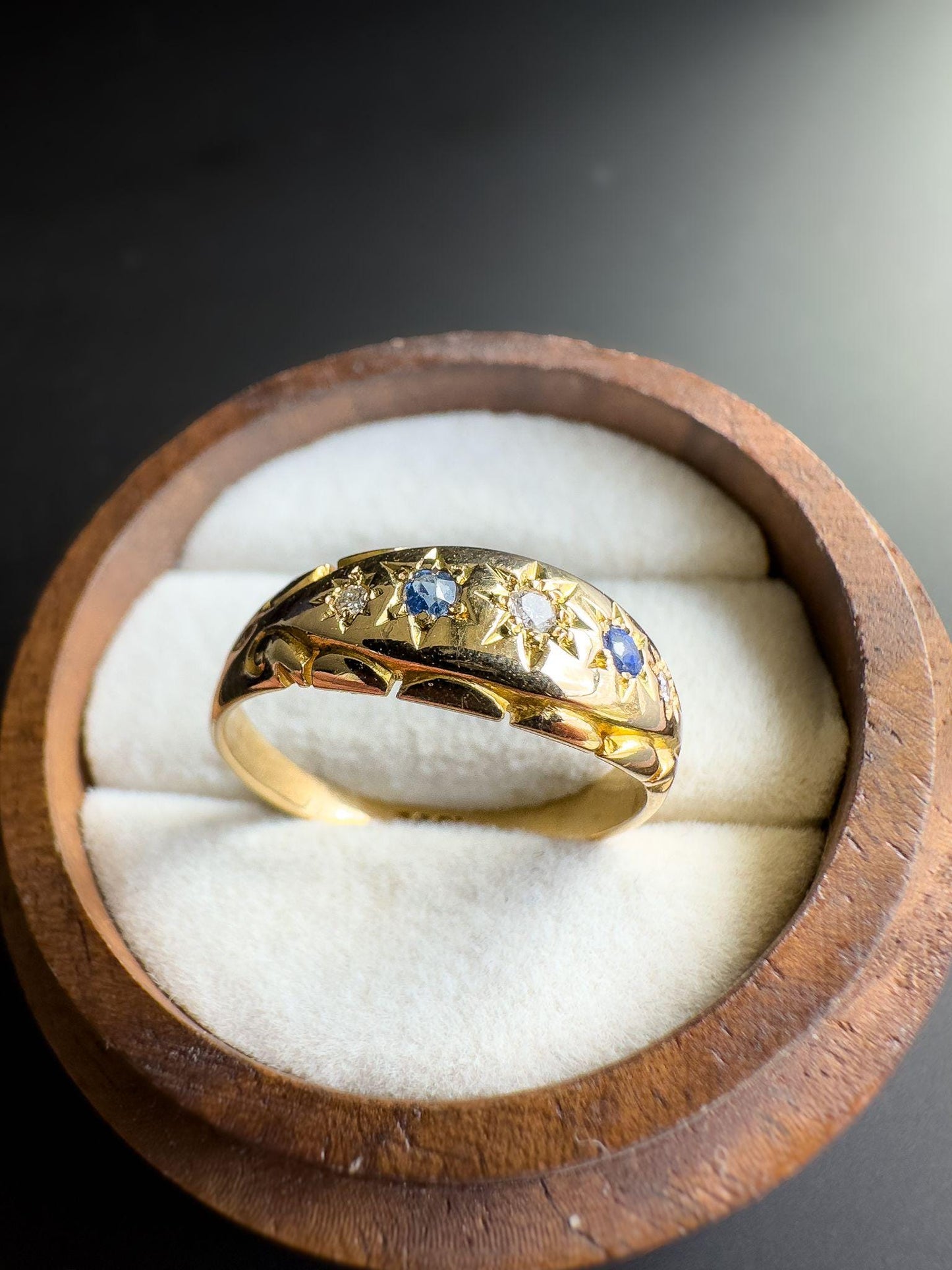 Stunning | Antique | Victorian | 18ct | 18k Solid Gold | Diamond & Sapphire Gypsy Ring Starburst Design | UK N - US 6.75 | Resizable |