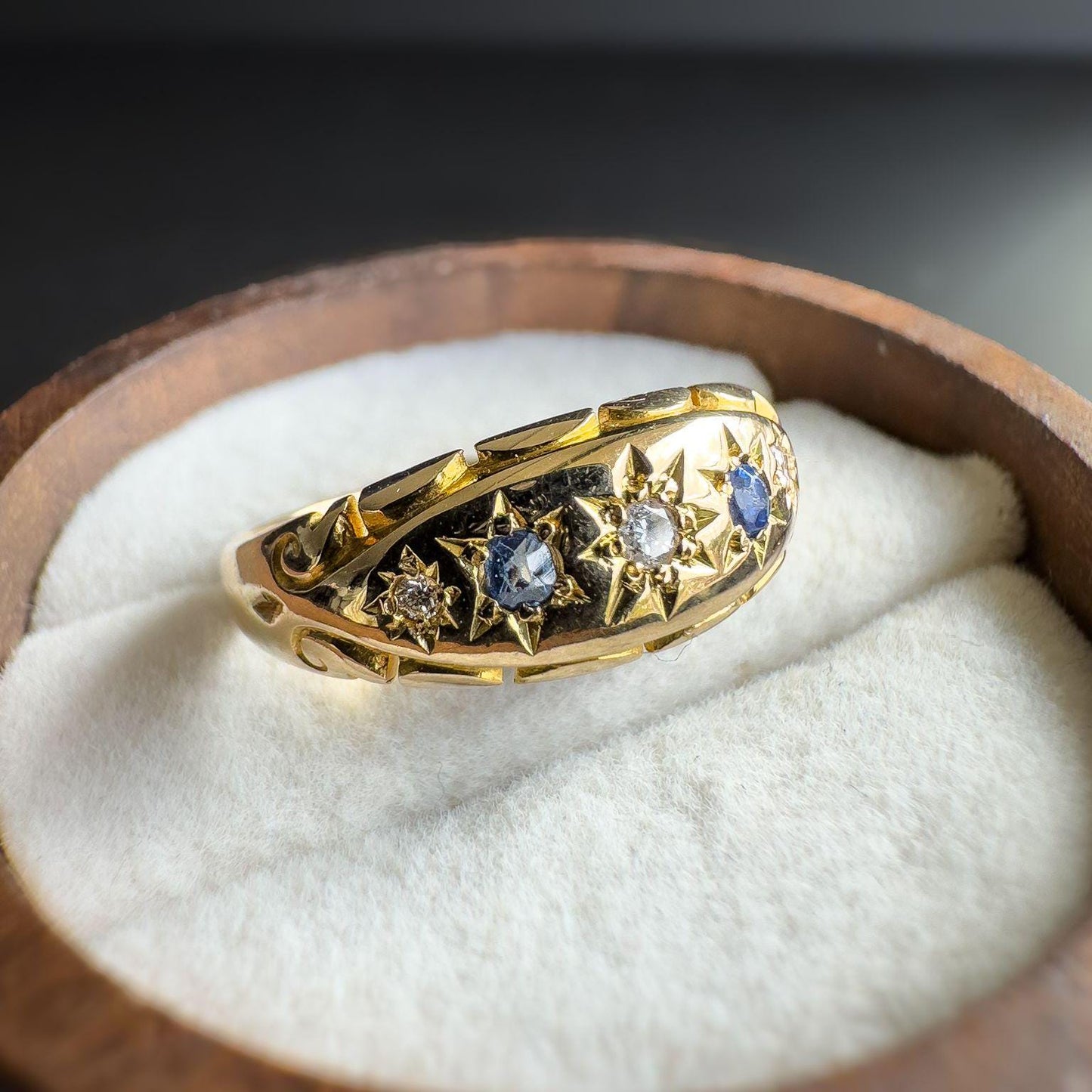 Stunning | Antique | Victorian | 18ct | 18k Solid Gold | Diamond & Sapphire Gypsy Ring Starburst Design | UK N - US 6.75 | Resizable |