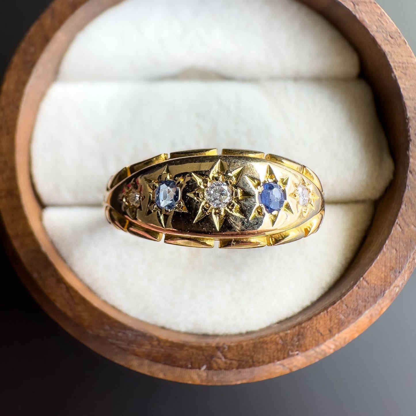 Stunning | Antique | Victorian | 18ct | 18k Solid Gold | Diamond & Sapphire Gypsy Ring Starburst Design | UK N - US 6.75 | Resizable |