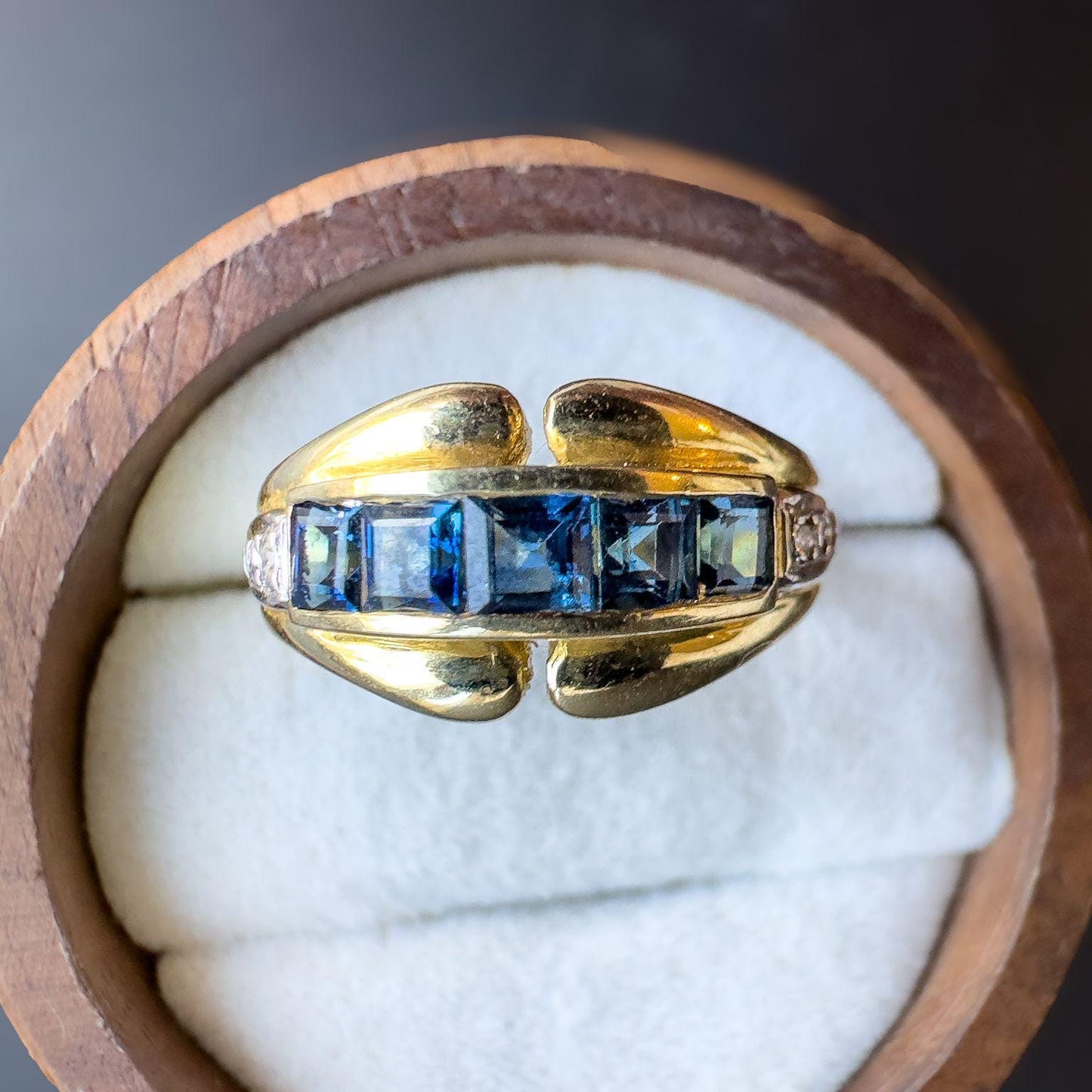 Vintage | 14ct | 14k Gold | Sapphire and Diamond Gypsy Style Ring | Elegant Sapphire Band | Retro Ring | UK N - US 6.75 | Resizable