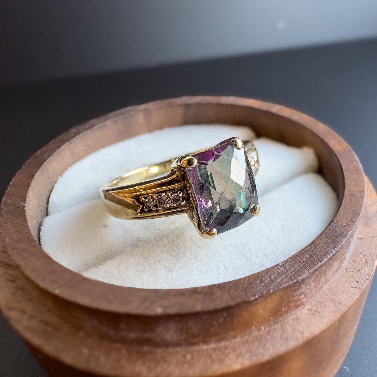 Dazzling | Vintage | 9ct | 9k Gold | Mystic Topaz and Diamond Ring Iridescent Gemstone with Diamond Accents | English Hallmarks |