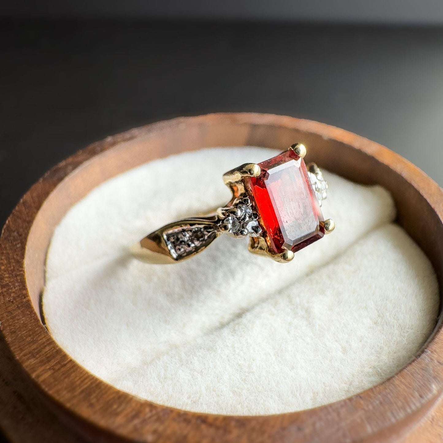 Vintage | 9ct | 9k Gold | Garnet and Diamond Ring Elegant Emerald-Cut Garnet with Diamond Accents | Hallmarked | UK M-US 6.25 | Resizable
