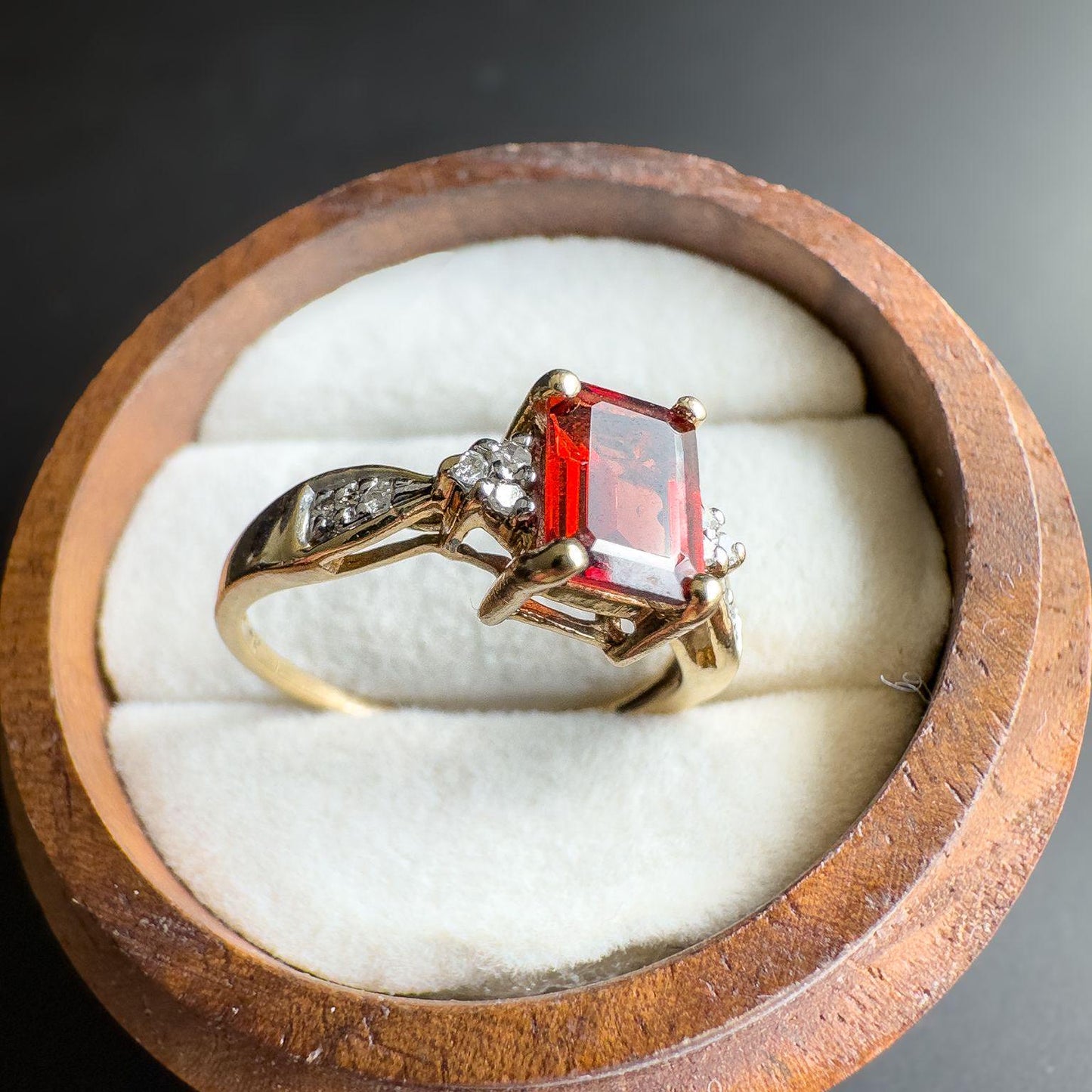 Vintage | 9ct | 9k Gold | Garnet and Diamond Ring Elegant Emerald-Cut Garnet with Diamond Accents | Hallmarked | UK M-US 6.25 | Resizable