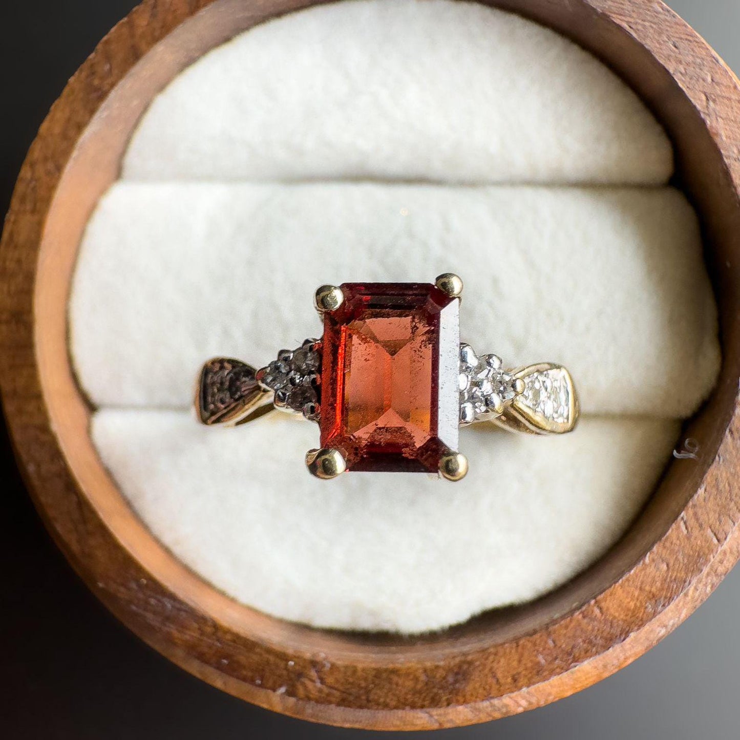 Vintage | 9ct | 9k Gold | Garnet and Diamond Ring Elegant Emerald-Cut Garnet with Diamond Accents | Hallmarked | UK M-US 6.25 | Resizable