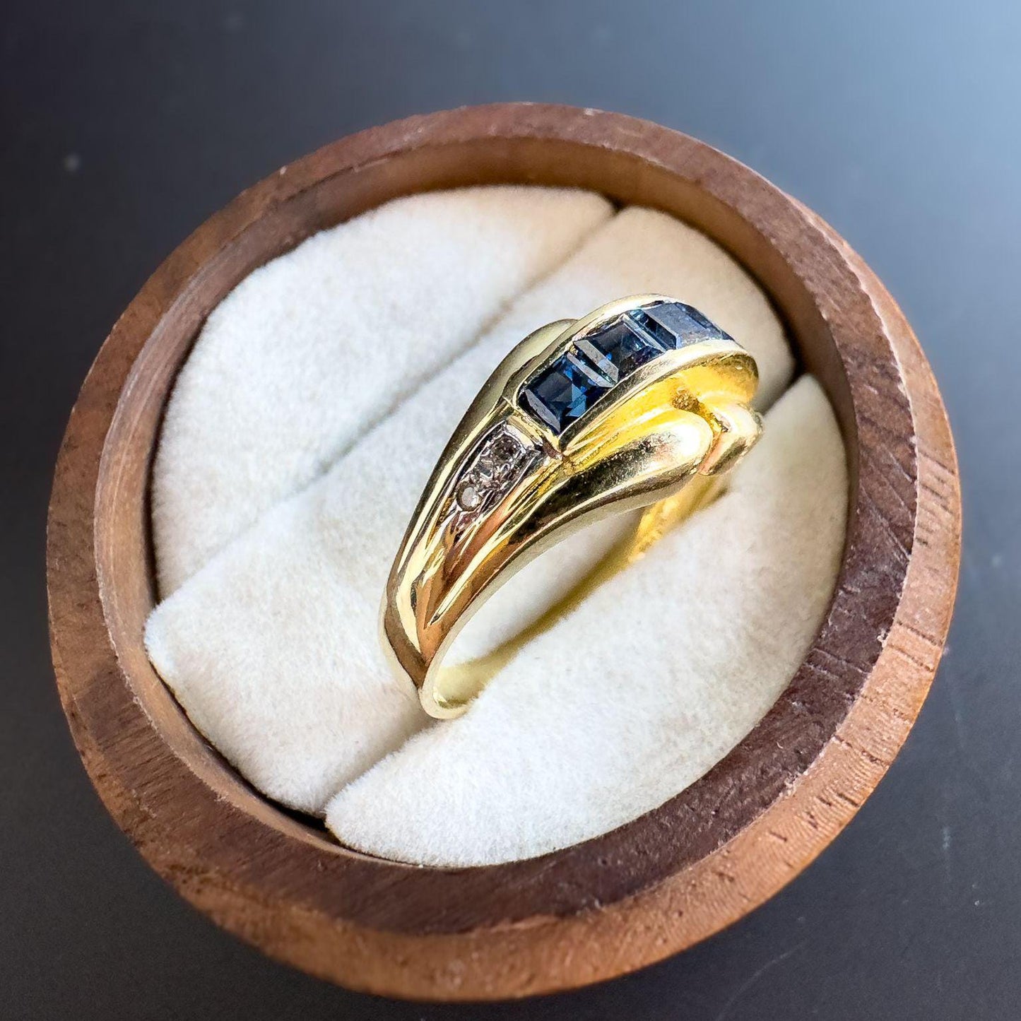Vintage | 14ct | 14k Gold | Sapphire and Diamond Gypsy Style Ring | Elegant Sapphire Band | Retro Ring | UK N - US 6.75 | Resizable