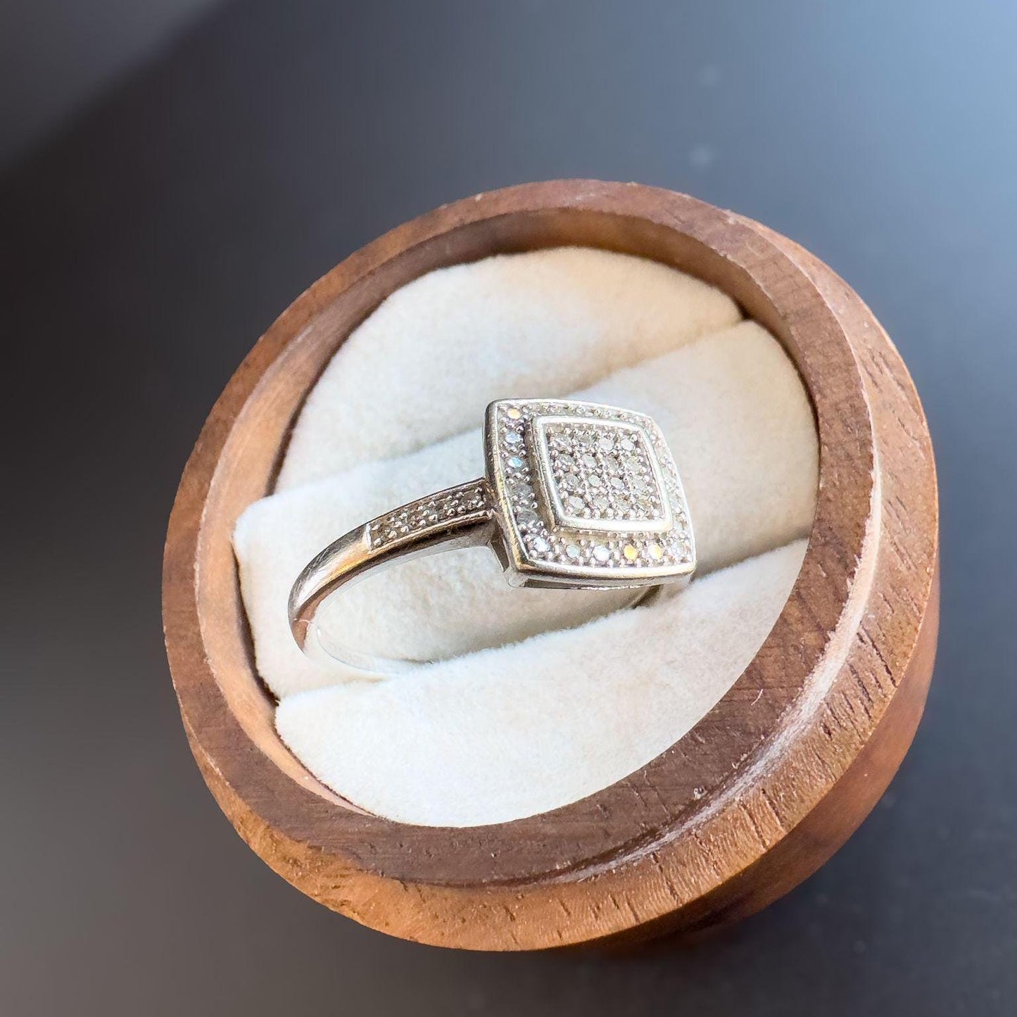 Unique 9ct White Gold Diamond Ring | Elegant Square Halo Pave Set Diamond Band | English Hallmarks | UK Q 1/2 - US 8.25 | Resizable