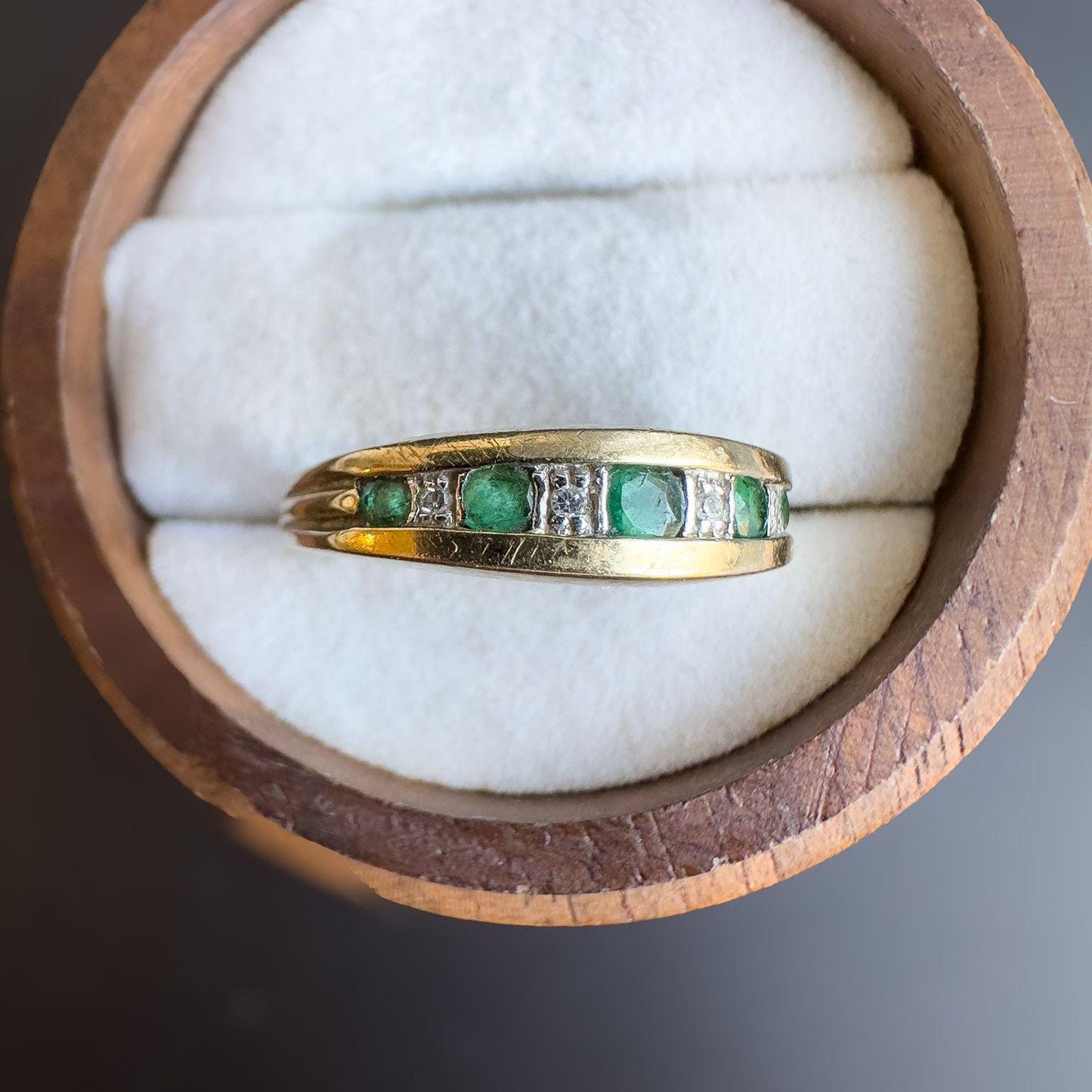 Vintage | 9ct Gold Emerald and Diamond Band Ring | Unique Half Eternity Emerald Ring | English Hallmarks | UK L - US 5.75 | Resizable