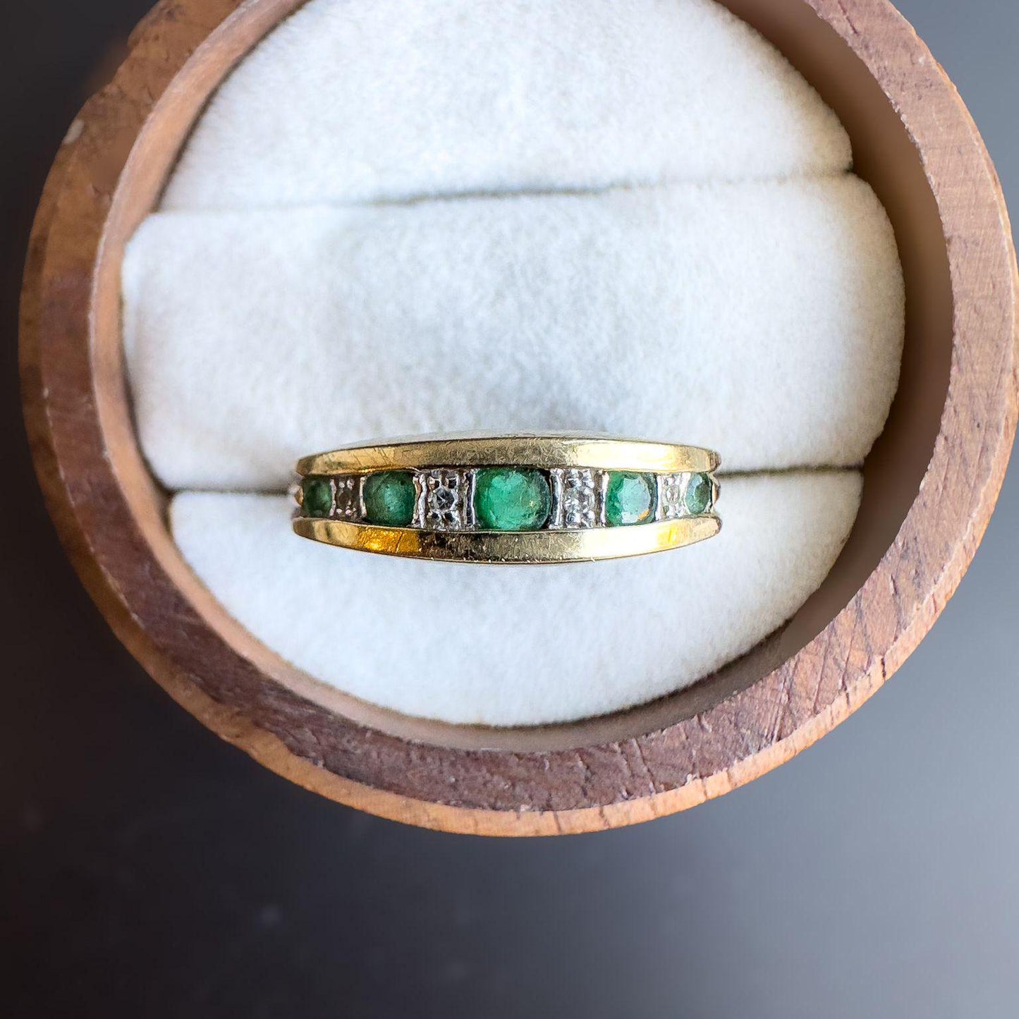 Vintage | 9ct Gold Emerald and Diamond Band Ring | Unique Half Eternity Emerald Ring | English Hallmarks | UK L - US 5.75 | Resizable