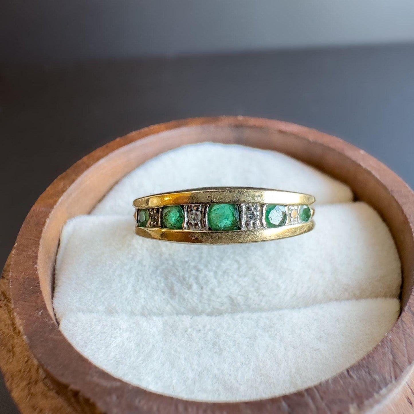 Vintage | 9ct Gold Emerald and Diamond Band Ring | Unique Half Eternity Emerald Ring | English Hallmarks | UK L - US 5.75 | Resizable