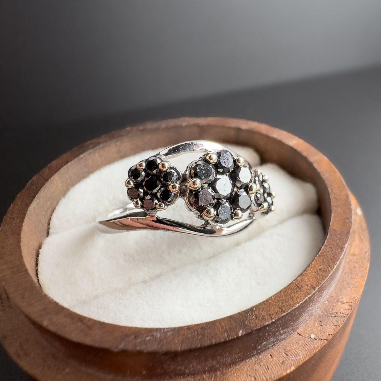 Stunning | 9ct White Gold | Black Diamond Cluster Ring | Elegant Statement Ring | Size UK O 1/2, US 7.5 | Resizable | English Hallmarks