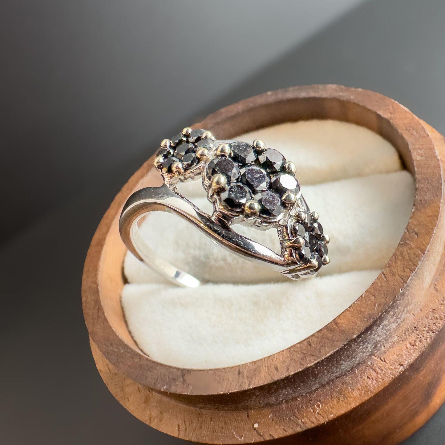 Stunning | 9ct White Gold | Black Diamond Cluster Ring | Elegant Statement Ring | Size UK O 1/2, US 7.5 | Resizable | English Hallmarks
