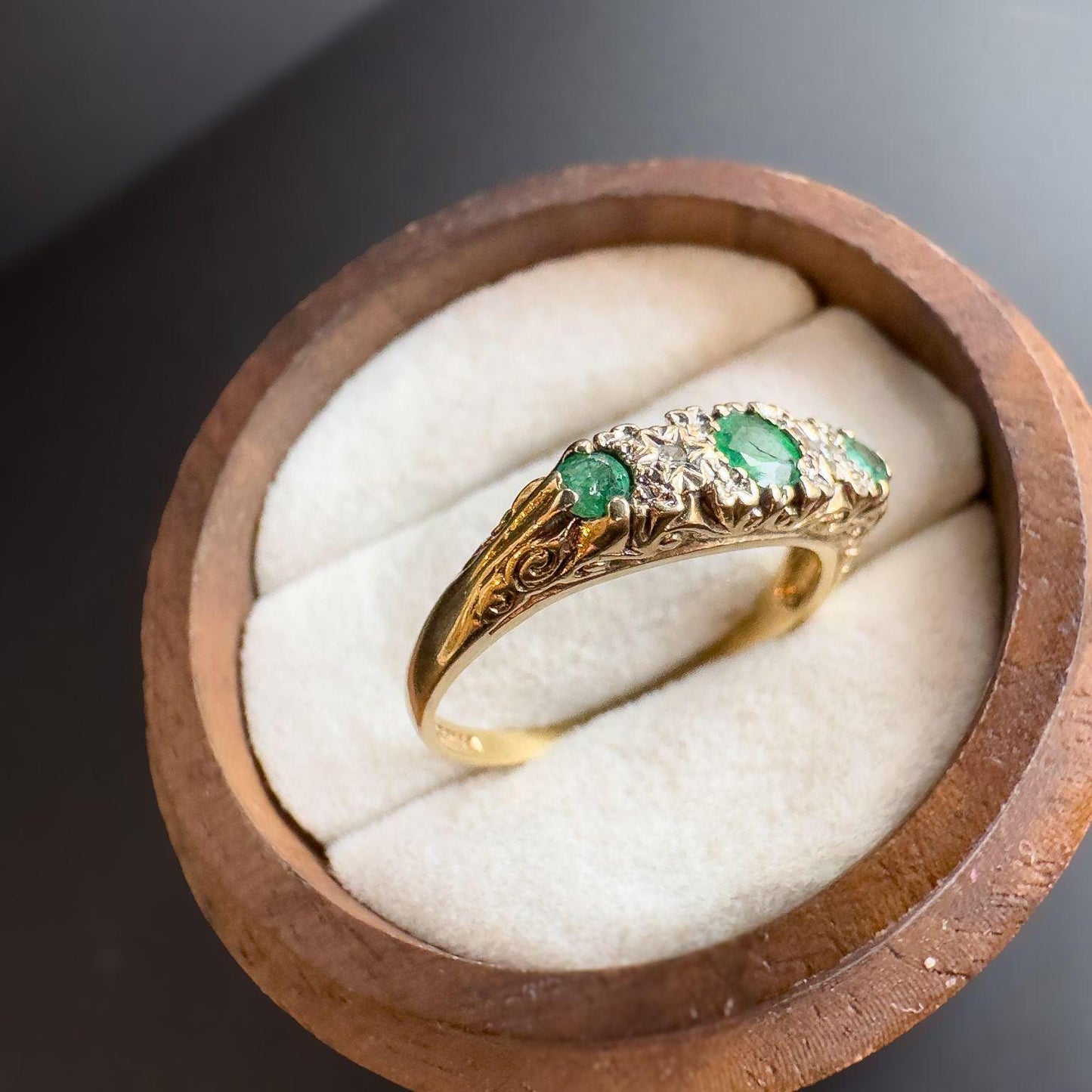 1980s Three-Stone Emerald & Diamond Ring in 9ct Gold Stunning Scrollwork | UK Size N - US 6.75 | Resizable | English Hallmarks