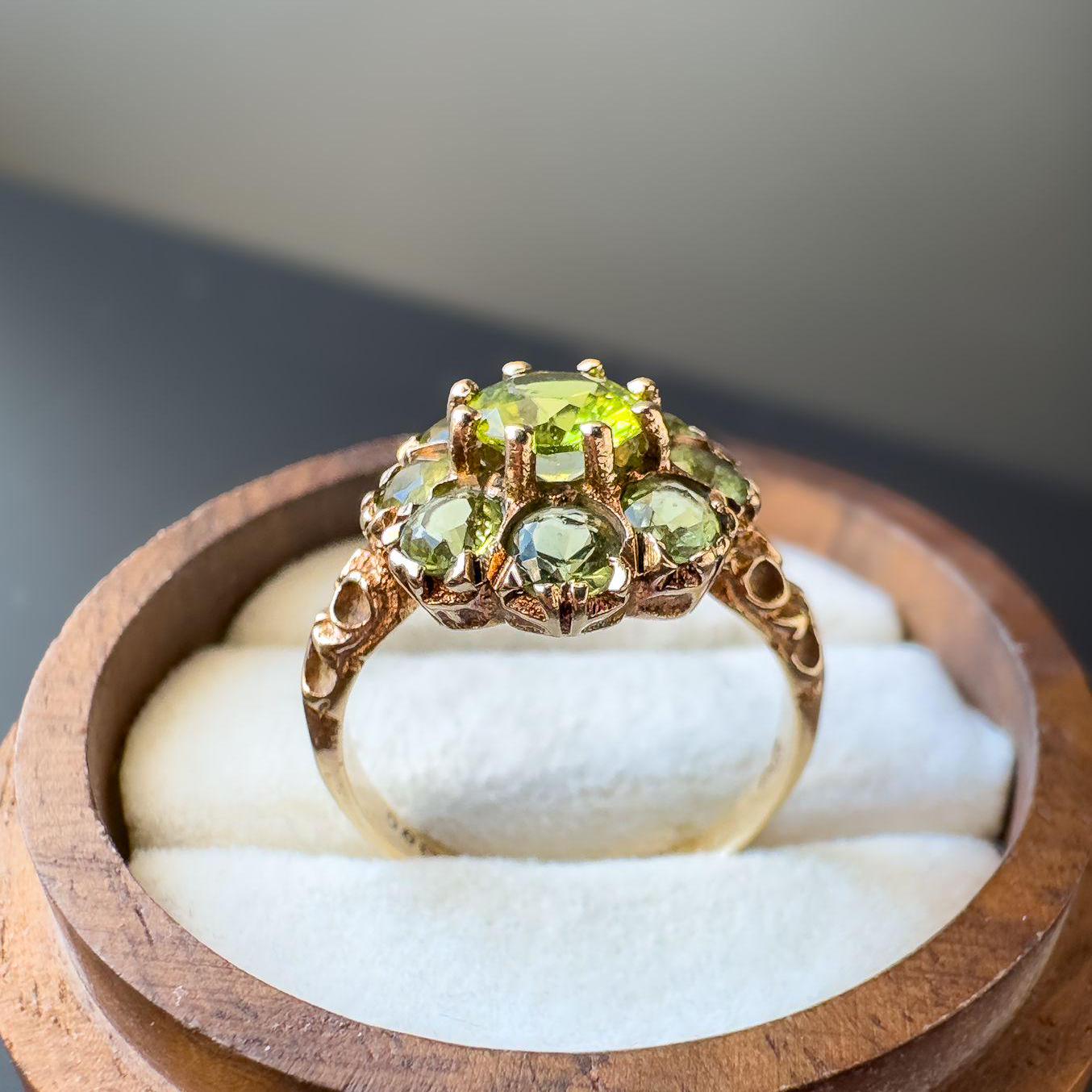 Vintage 1970s 9ct Gold Peridot Cluster Ring Radiant Green Gemstone Floral Design | English Hallmarks | UK L - US 6 | Resizable