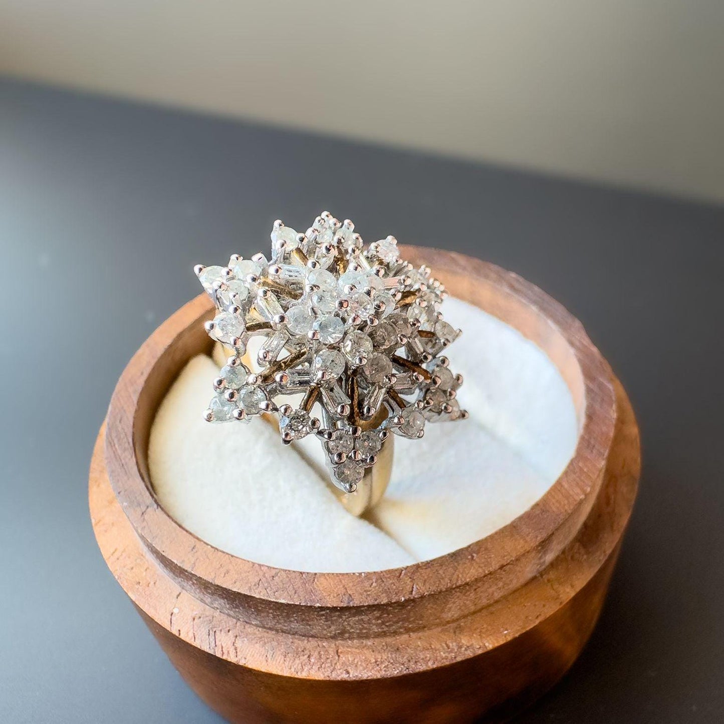 Vintage 9ct Gold Diamond Cluster Ring Starburst Mixed Cut Diamonds | English Hallmarks | UK O 1/2 - US 7.5 | Resizable