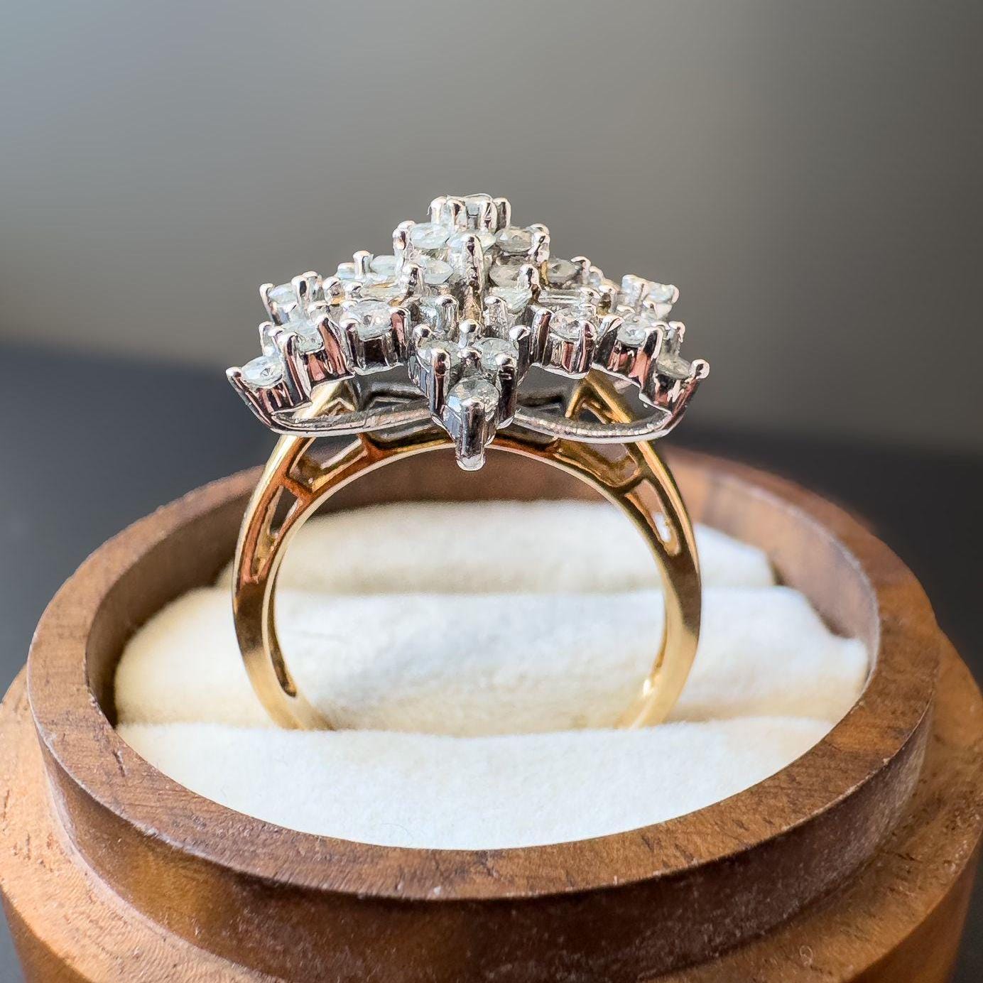 Vintage 9ct Gold Diamond Cluster Ring Starburst Mixed Cut Diamonds | English Hallmarks | UK O 1/2 - US 7.5 | Resizable