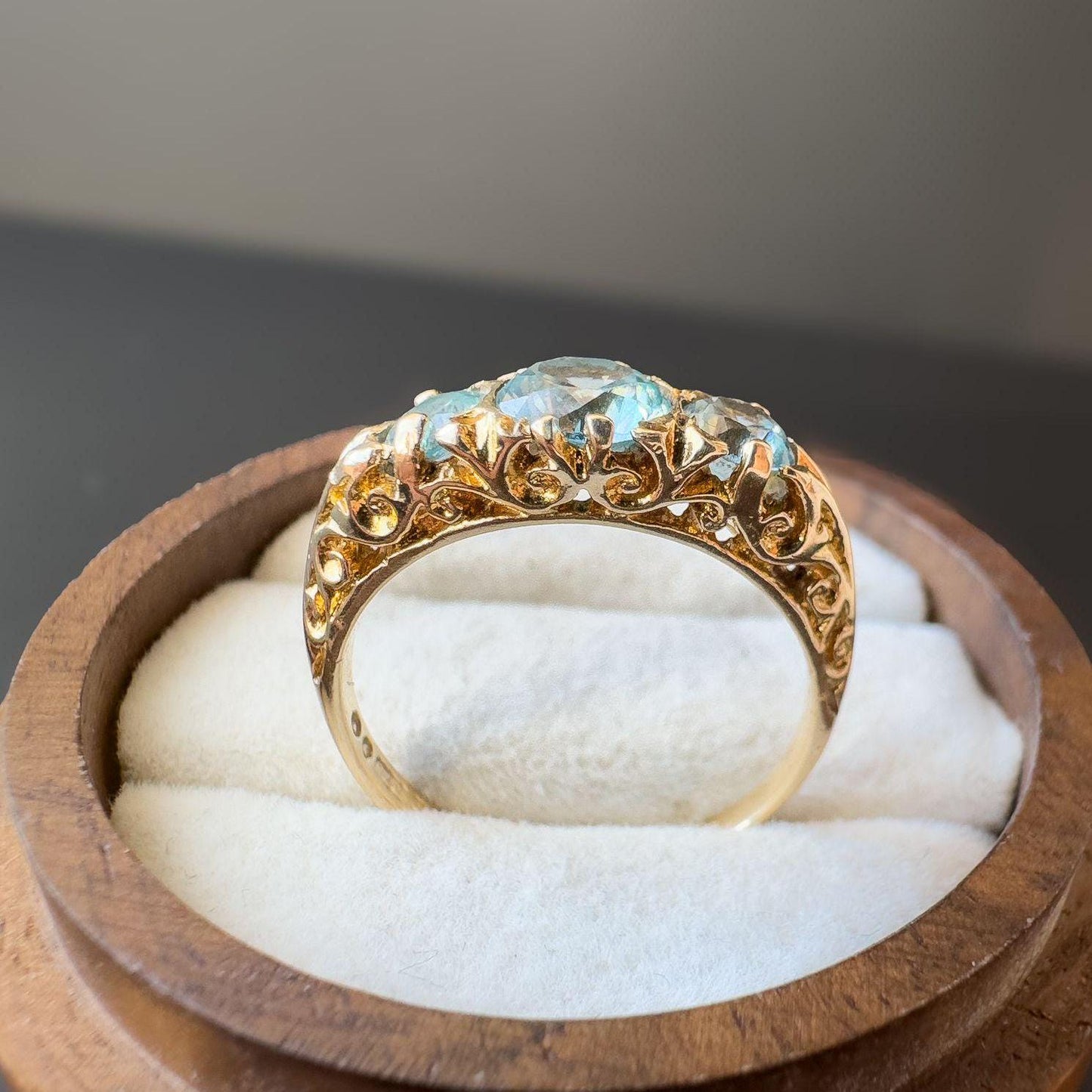 Vintage | 9ct Gold | Edwardian-Inspired Blue Topaz Ring Intricate Scrollwork Design | English Hallmarks | UK L 1/2 - US 6 | Resizable