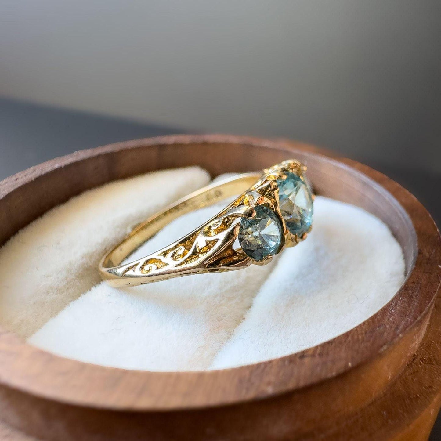 Vintage | 9ct Gold | Edwardian-Inspired Blue Topaz Ring Intricate Scrollwork Design | English Hallmarks | UK L 1/2 - US 6 | Resizable