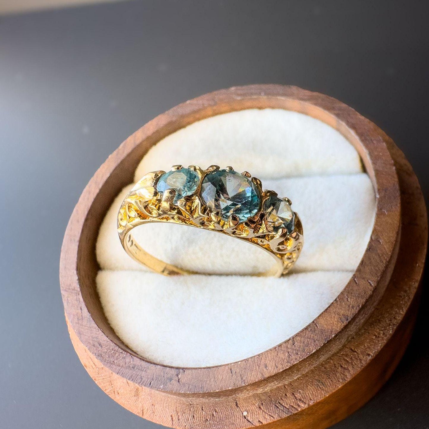 Vintage | 9ct Gold | Edwardian-Inspired Blue Topaz Ring Intricate Scrollwork Design | English Hallmarks | UK L 1/2 - US 6 | Resizable
