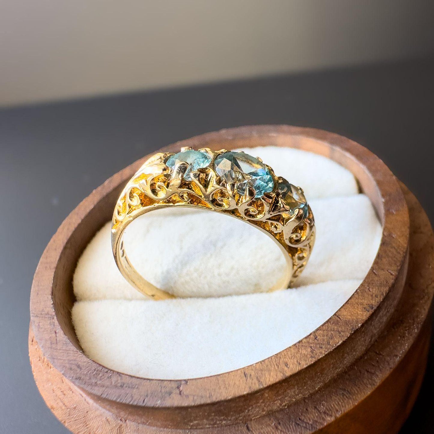 Vintage | 9ct Gold | Edwardian-Inspired Blue Topaz Ring Intricate Scrollwork Design | English Hallmarks | UK L 1/2 - US 6 | Resizable