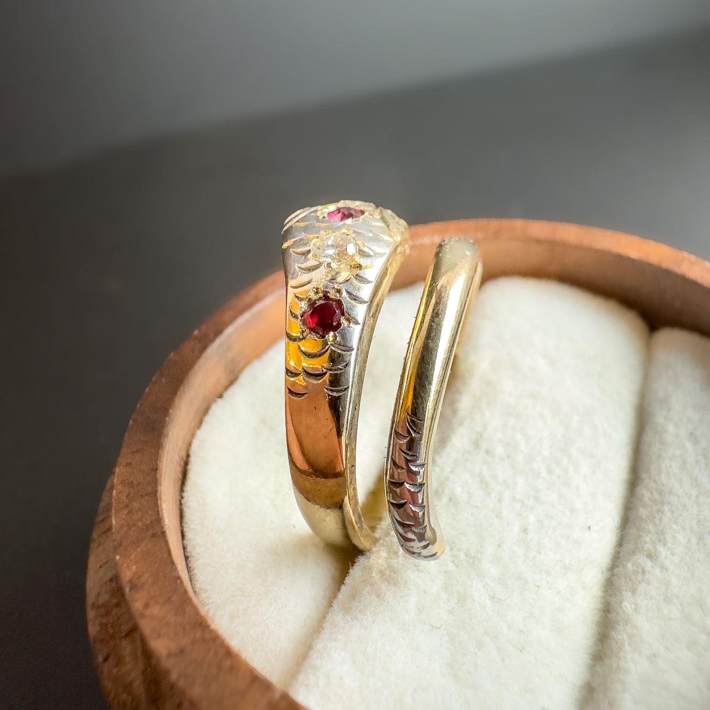 Antique 9ct Gold Diamond & Ruby Serpent Snake Ring Unique Victorian Symbolism | 1918 Hallmarked | UK L 1/2 - US 6 | Resizable