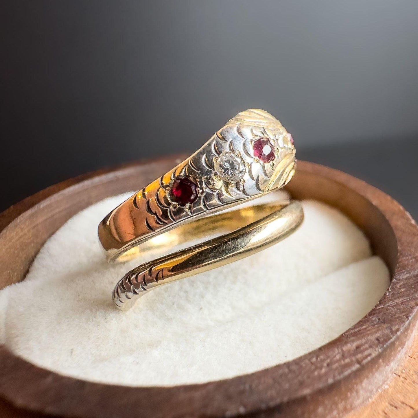 Antique 9ct Gold Diamond & Ruby Serpent Snake Ring Unique Victorian Symbolism | 1918 Hallmarked | UK L 1/2 - US 6 | Resizable